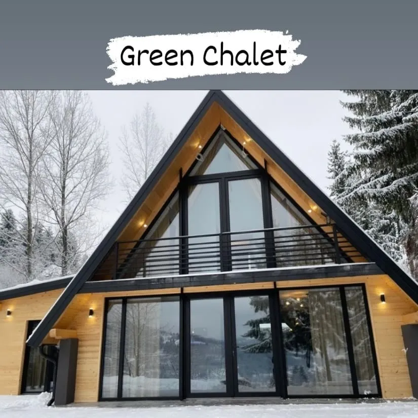 Luxury A-frame Green Chalet exterior in winter at Rodnei Retreat & Spa Borșa